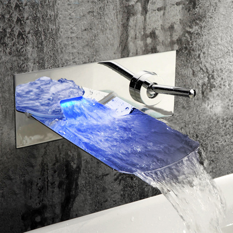 Contemporary Wall Mount LED Water Fall Nickle Brushed Solid Brass Faucet
